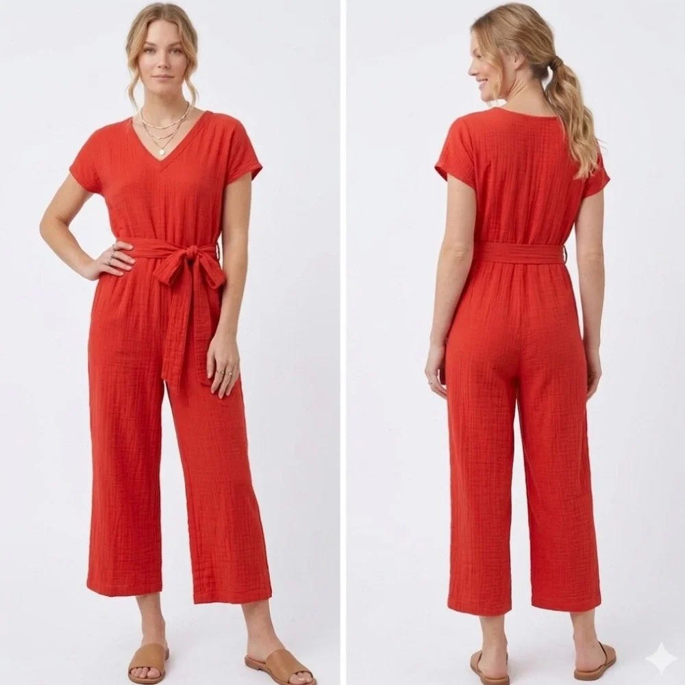 Pact Coastal Double Gauze Belted Jumpsuit Organic Cotton Red XS NWOT - Picture 1 of 16